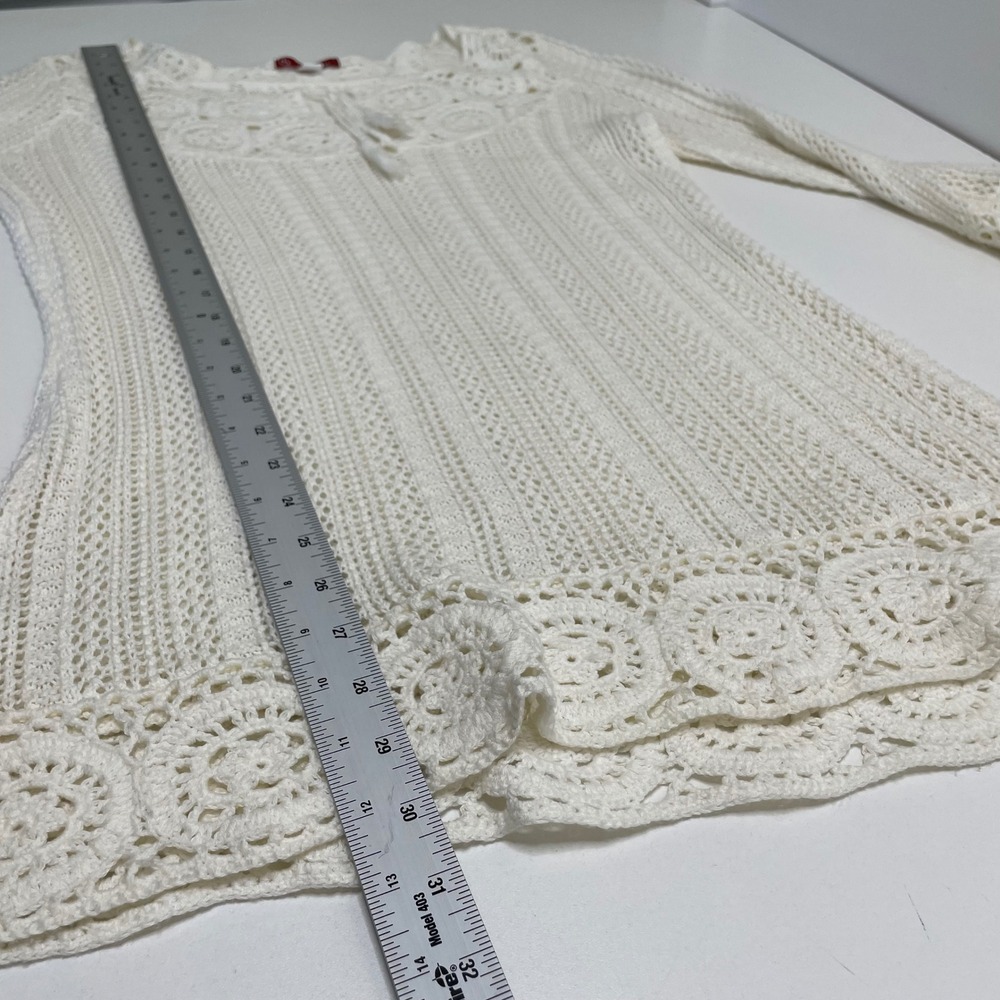 CJ Bank Ivory Crochet Knit Tunic Sweater 3/4 Sleeve Tassel Boho Hippie Granola M - Picture 9 of 11